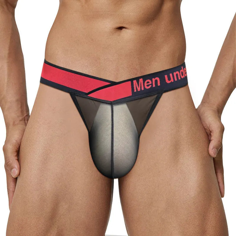Men's solid colour breathable nylon briefs with a low-waist and large V gradient design.