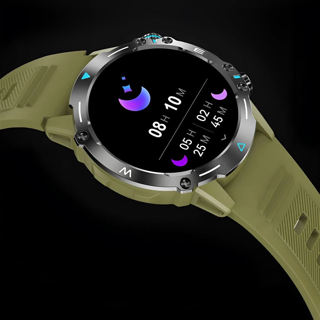 M42 smartwatch in black on wrist, showing AMOLED screen with fitness stats.