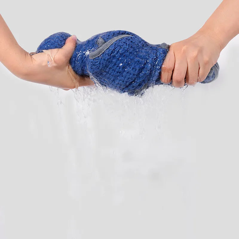 Blue microfiber dog bath robe towel with adjustable waistband wrapped around a dog.