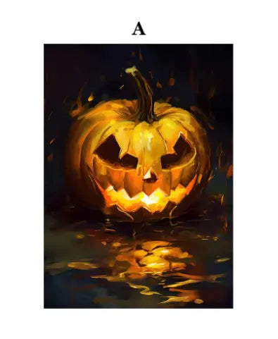 Canvas wall art showing pumpkin Halloween decoration with ghost tea party scene, three sizes available