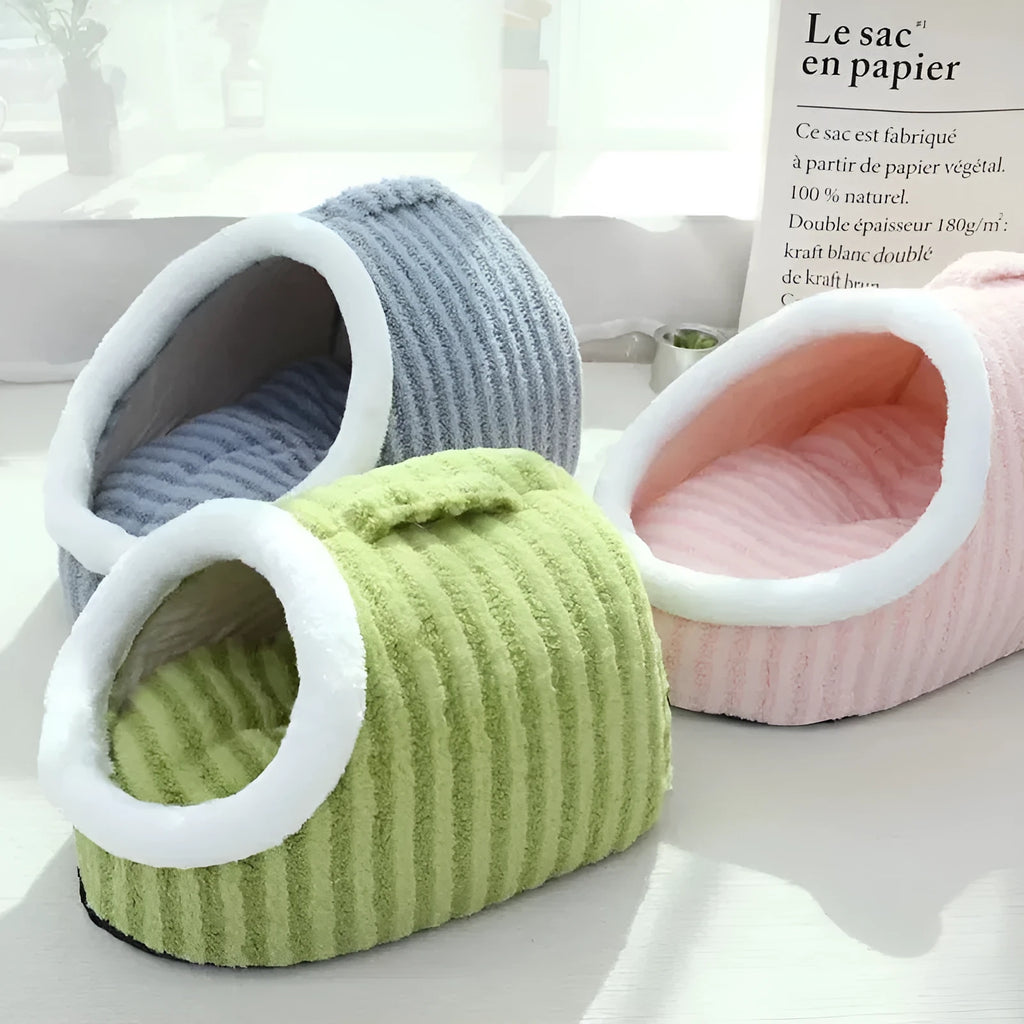 Thickened 3D dog cat bed with removable sponge in striped fabric, blue colour option