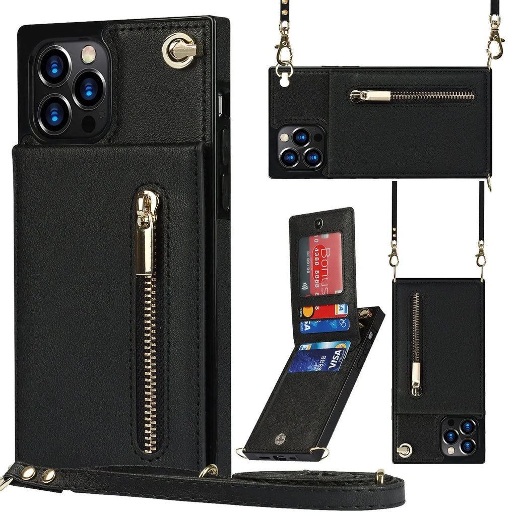 Leather messenger phone case in TPU and leather, available in five solid colours, fits multiple iPhone and Samsung models