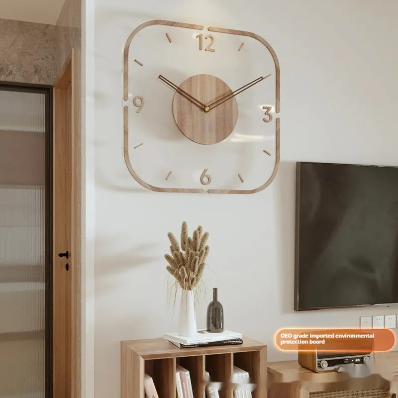 Transparent wooden frame wall clock with modern design showing 35cm square dimensions
