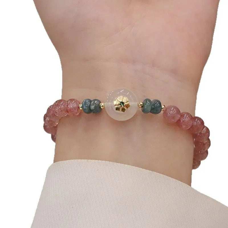 Strawberry quartz blue water emerald round jade pendant bracelet with Chinese design elements