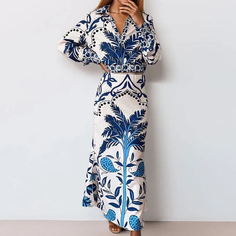 Women's long sleeve polyester casual set with pants in picture colour, shown on a model.