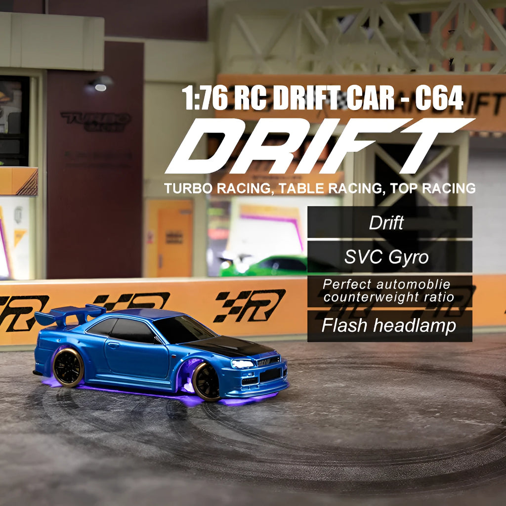 Blue Turbo Racing C64 1:76 scale gyro RC drift car with P21-SVC remote control