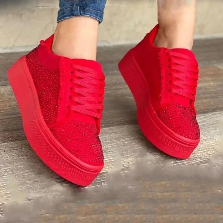 Women's plus size casual sports shoes with rhinestones, thick rubber sole and lace-up design in multiple colours
