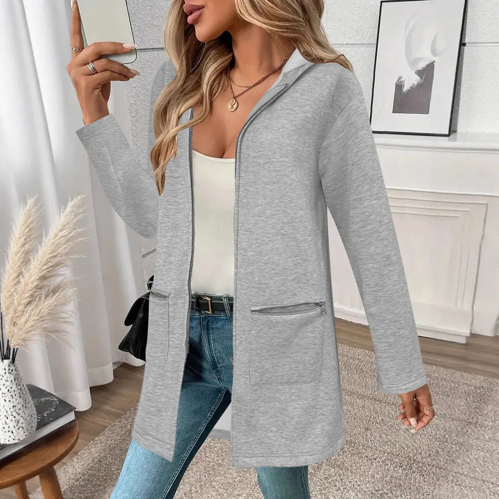 Women's loose casual cardigan coat mid-length with pockets in black, gray or khaki