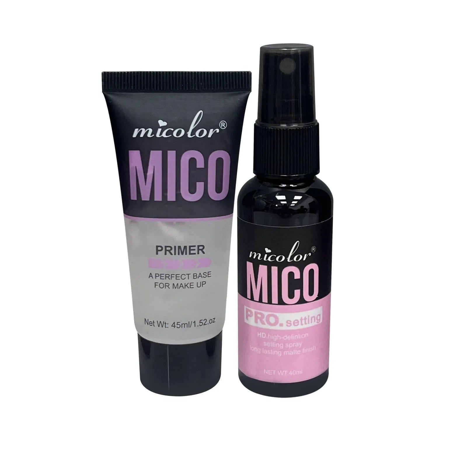 Make-up primer and final sealer spray duo with 45ml and 40ml monochrome bottles