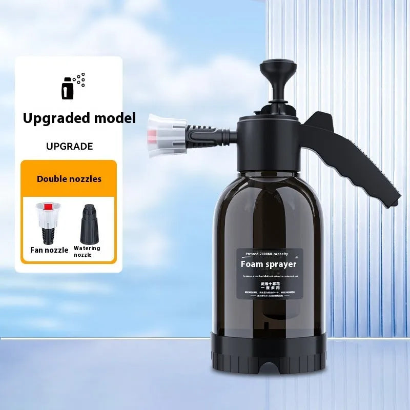 Black hand-held 2-litre foam sprayer with pump handle and two nozzles for car washing and gardening