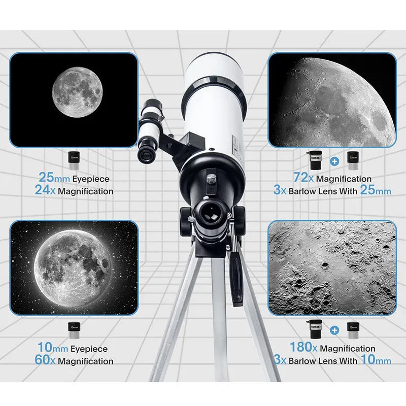 Metal astronomical telescope 80600 with telephone adapter and nylon bag on a table