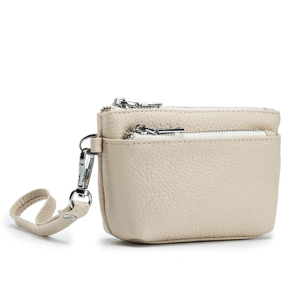 Women's small genuine leather wallet in solid colour with sewing thread detail, retro European American style