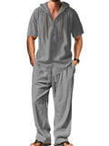 Men's cotton tracksuit set in grey, showing long sleeve top and matching trousers laid flat.