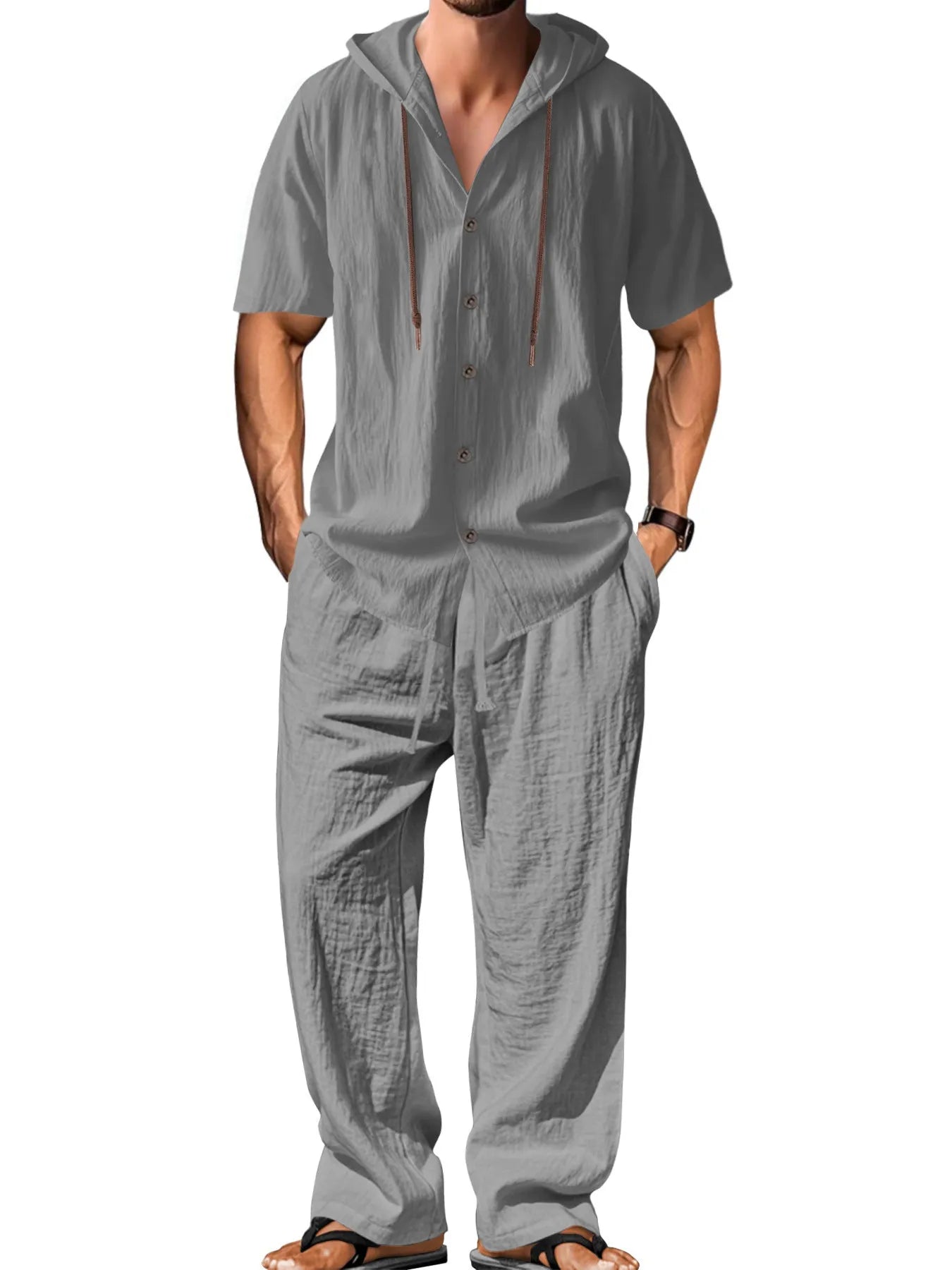 Men's cotton tracksuit set in grey, showing long sleeve top and matching trousers laid flat.