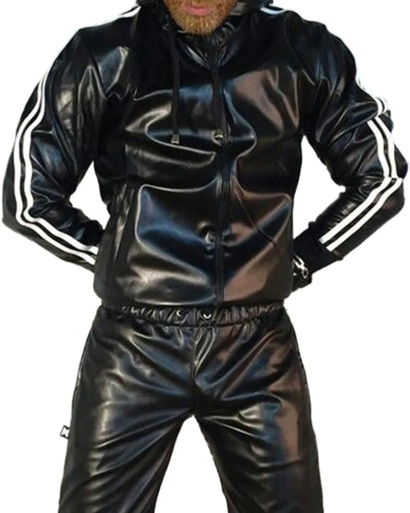Men's black hooded PU leather sports set with jacket and trousers for autumn athletic wear