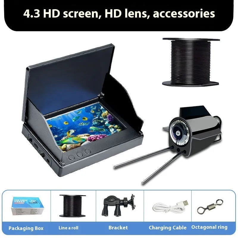 Underwater fish finder HD camera with 4.3-inch IPS screen, showing night vision lights and choice of 15m, 20m, or 30m cable.