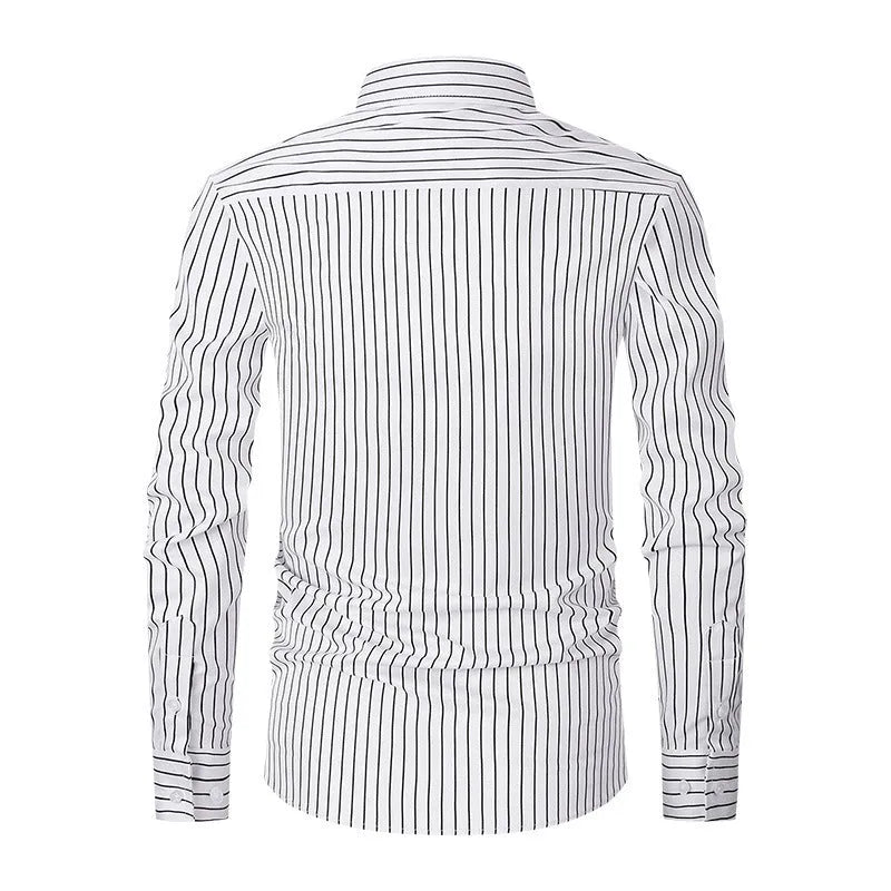 Men's slim fit striped long sleeve shirt in ice silk polyester blend fabric on a hanger.