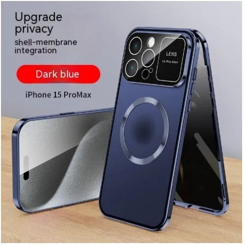 Metal all-inclusive peep-proof phone case with magnetic large window for Apple iPhone 16 series, electroplated finish in black