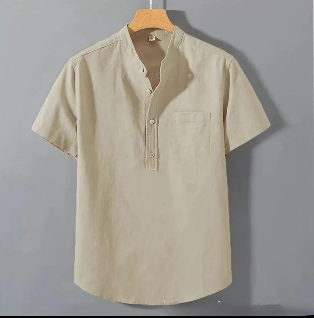 Men's beige casual linen shirt with stand collar and short sleeves in a loose, relaxed fit.