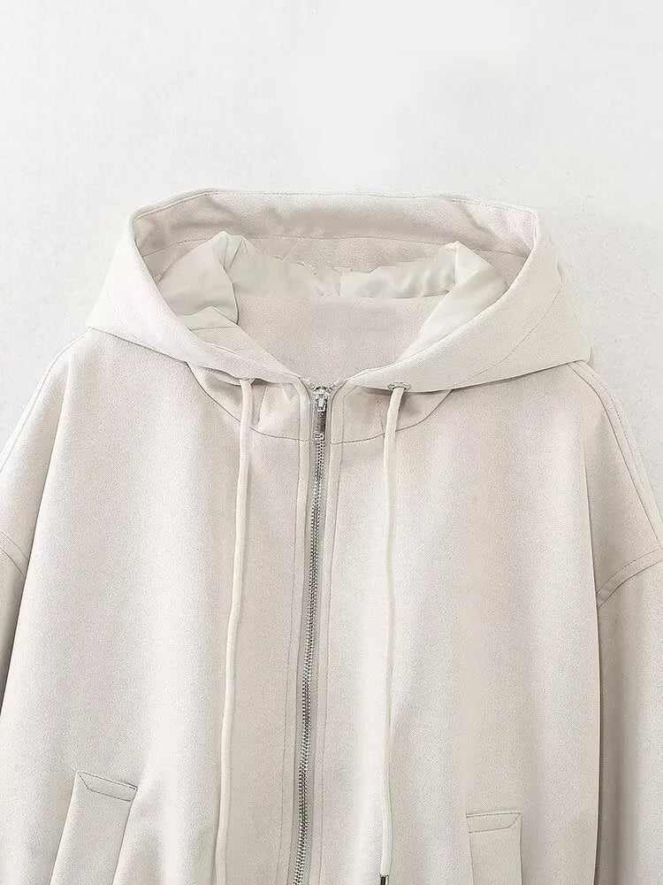 Women's white suede hooded casual jacket on a hanger
