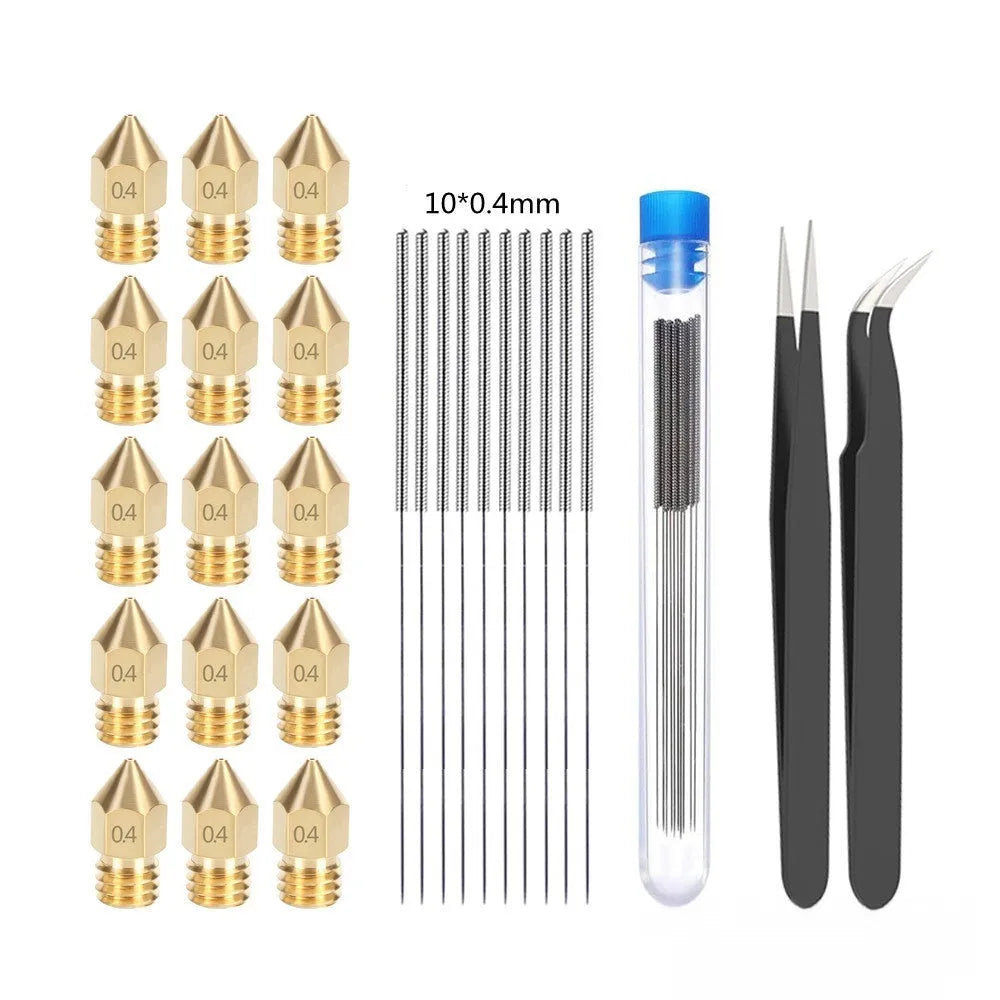 MK8 brass nozzle and stainless steel cleaning pin kit for 3D printer maintenance