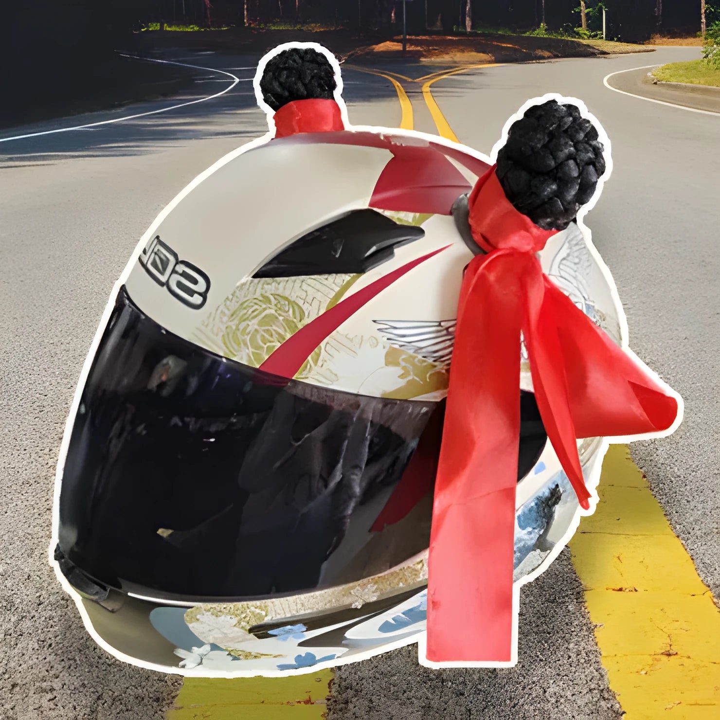Pair of braided ball helmet decorations, 8cm tall, with removable adhesive pad on a black motorcycle helmet.