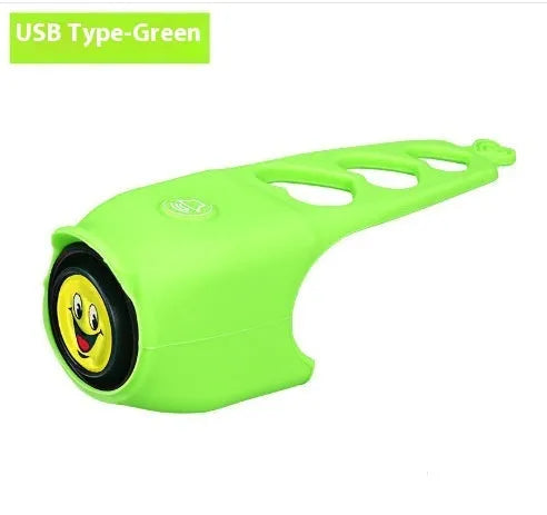 Bicycle electronic horn with plastic casing in multiple colours including black, green, purple on bicycle handlebars
