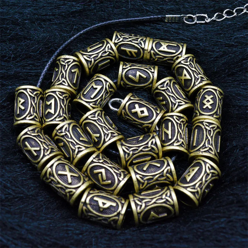 Set of 24 alloy Viking rune beard beads in antique silver, bronze, and red brass finishes, 13x10mm with 6mm inner diameter