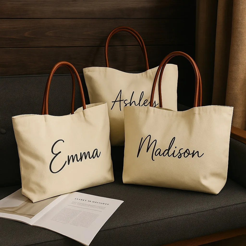 Beige white canvas tote bag with long handles and a front view showing its structured shape