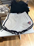 Women's dark blue cotton high top sports shorts with white flag embroidery and adjustable side ties
