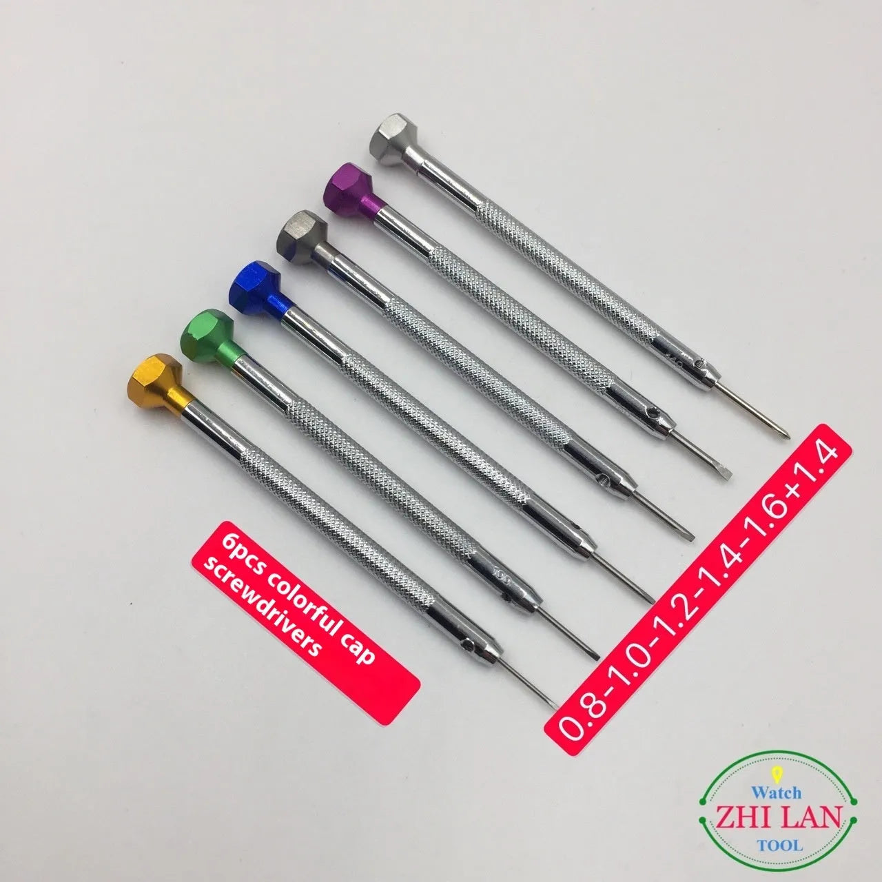 Six colour-coded aluminium-handle screwdrivers for watch repair arranged in set