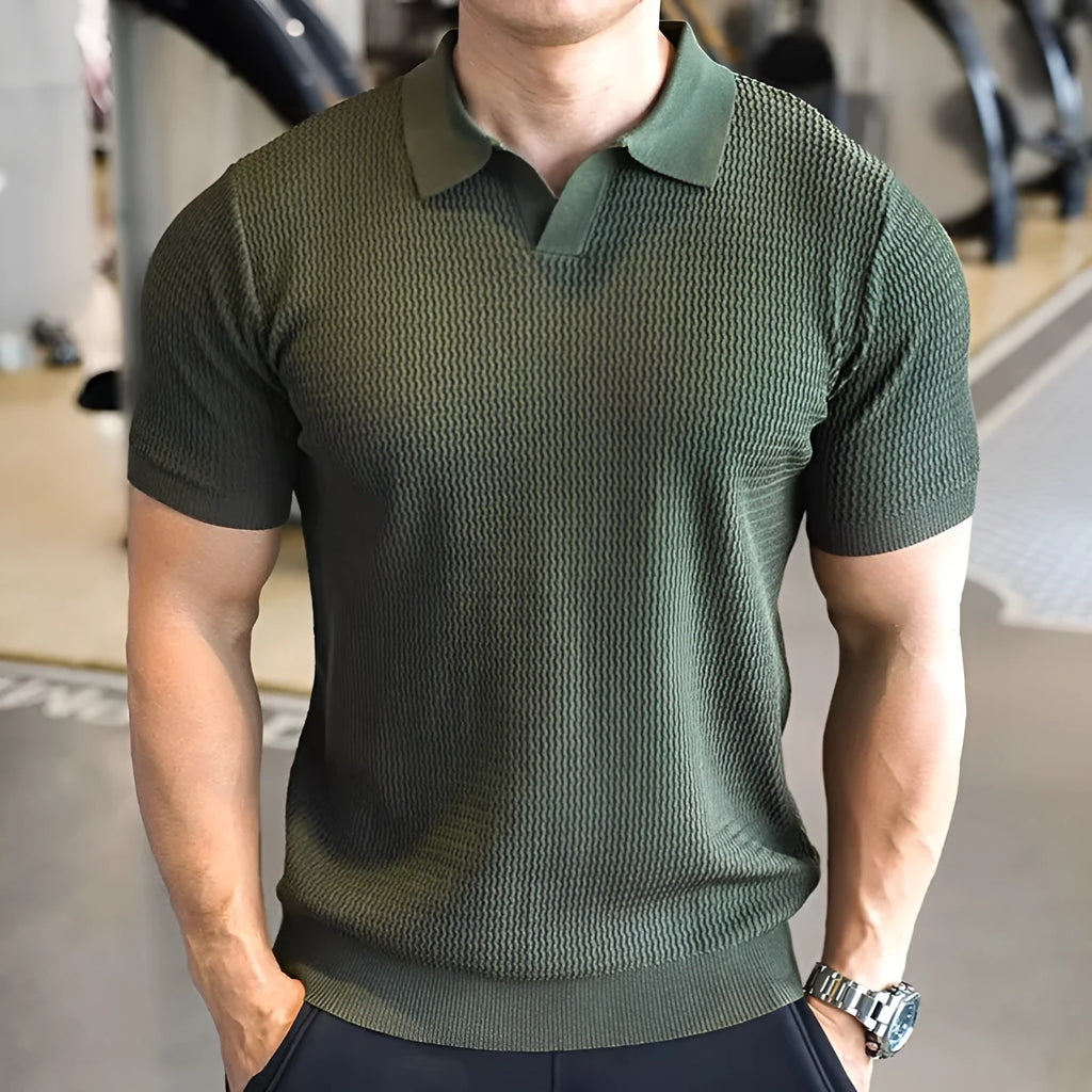 Men's slim fit polo shirt with button-down Henry collar in lightweight polyester fabric.