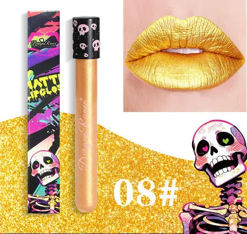 Halloween matte lip gloss in a test tube skull container showing gold and silver shades