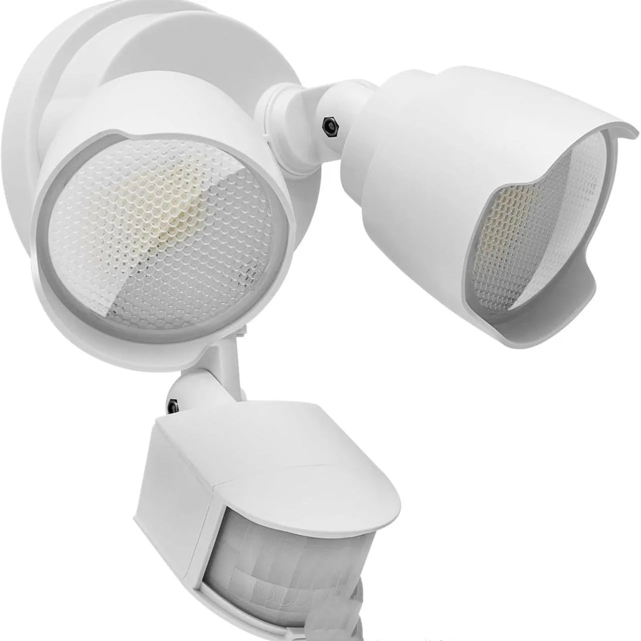 White LED security floodlight with motion sensor mounted on an exterior wall.