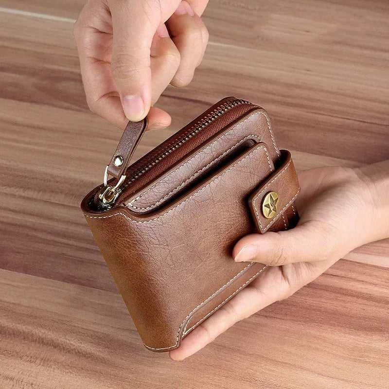 Men's two-fold PU wallet in European American style showing light brown, black and dark brown colour options