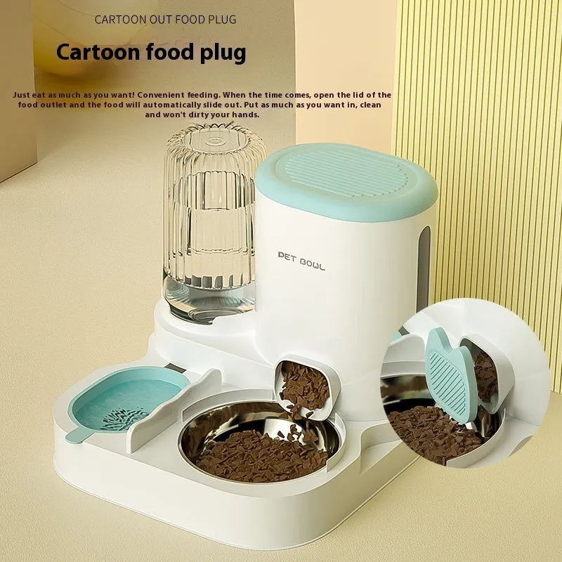 Automatic cat water fountain with two stainless steel food bowls attached, in avocado green colour.