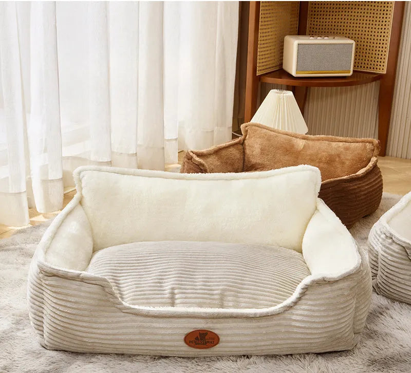 Coffee coloured removable cover dog and cat bed cushion showing raised edge, with S size 45x50cm dimensions