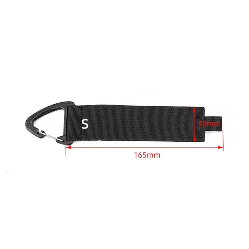 Black adjustable heavy-duty storage strap with gravity climbing button and silver D-ring carabiner hook.