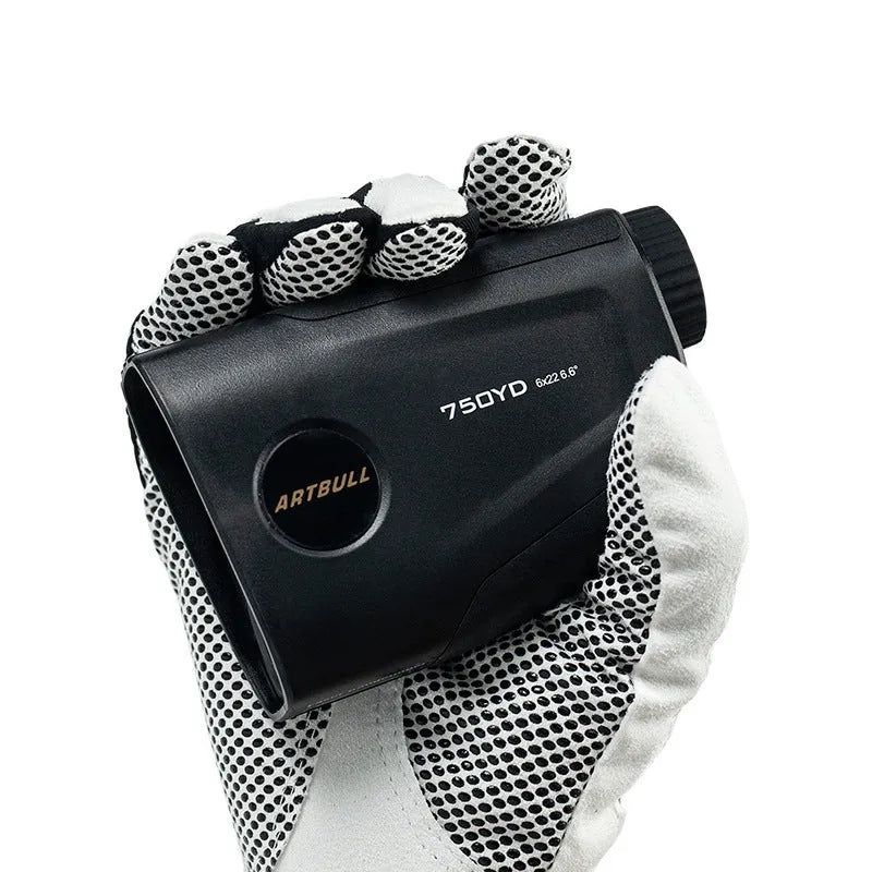 Golf laser rangefinder with 750 yard range showing LCD display with distance measurement