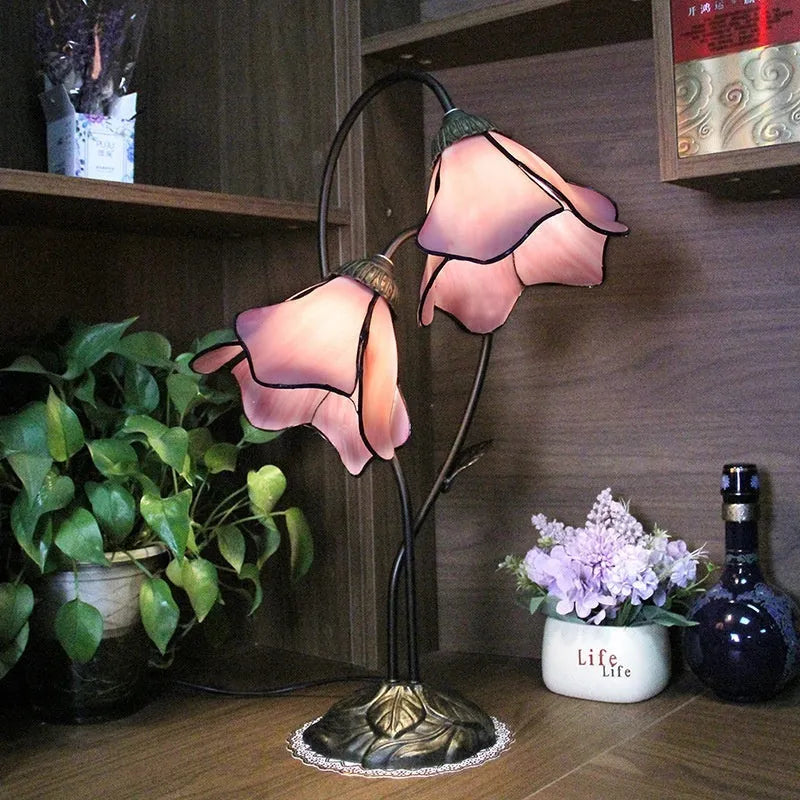 American retro classical table lamp with glass lotus flower head in choice of twelve colours and styles