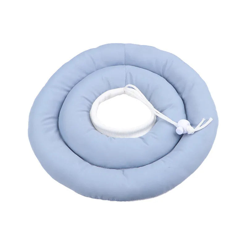 Adjustable waterproof Elizabethan recovery collar for dogs and cats in blue, shown with size chart