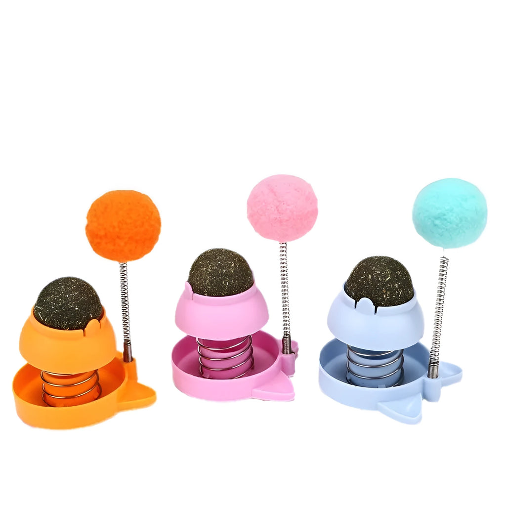 Lucky cat mint ball toy with self-hi feature in blue, orange, and pink colours for cats.