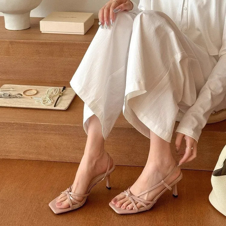 Women's square toe thin strap high heel sandals in nude pink with microfiber upper and rubber sole