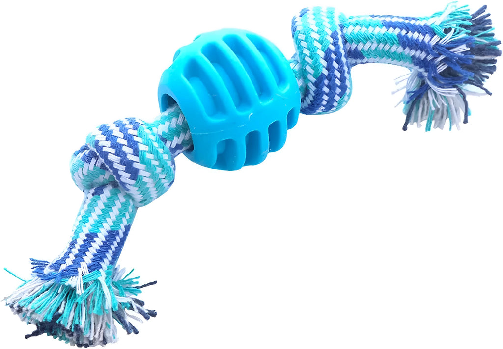 Blue molar-shaped dog chew toy with an integrated rope for dental care and play.