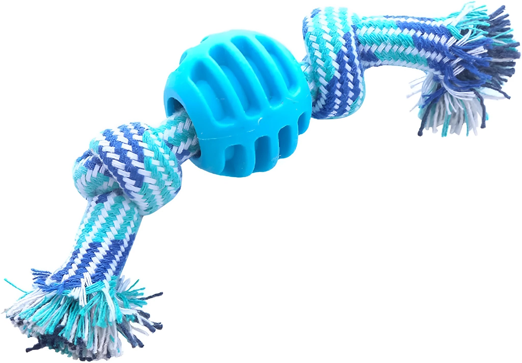 Blue molar-shaped dog chew toy with an integrated rope for dental care and play.