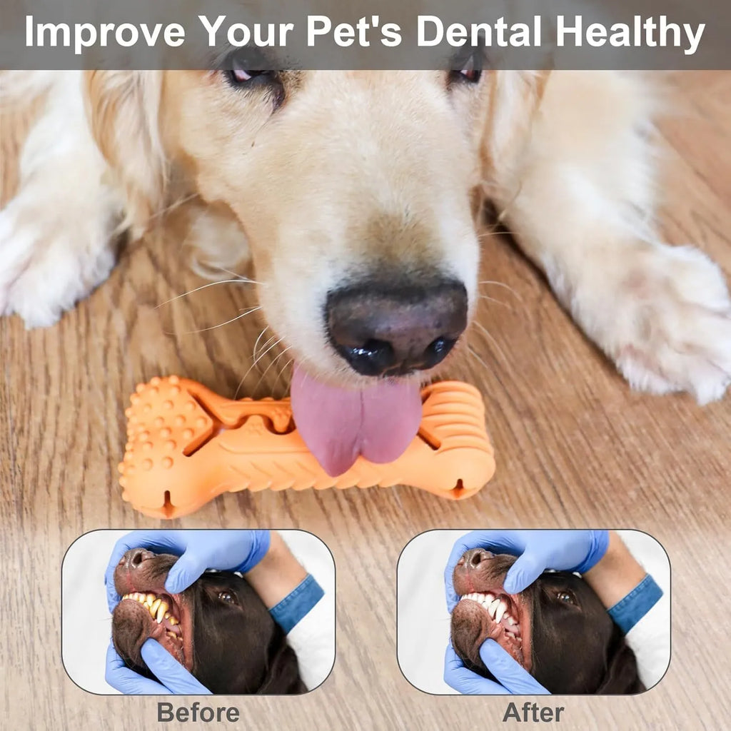 Blue green and orange natural rubber bone-shaped dog chew toy for aggressive chewers on a white background
