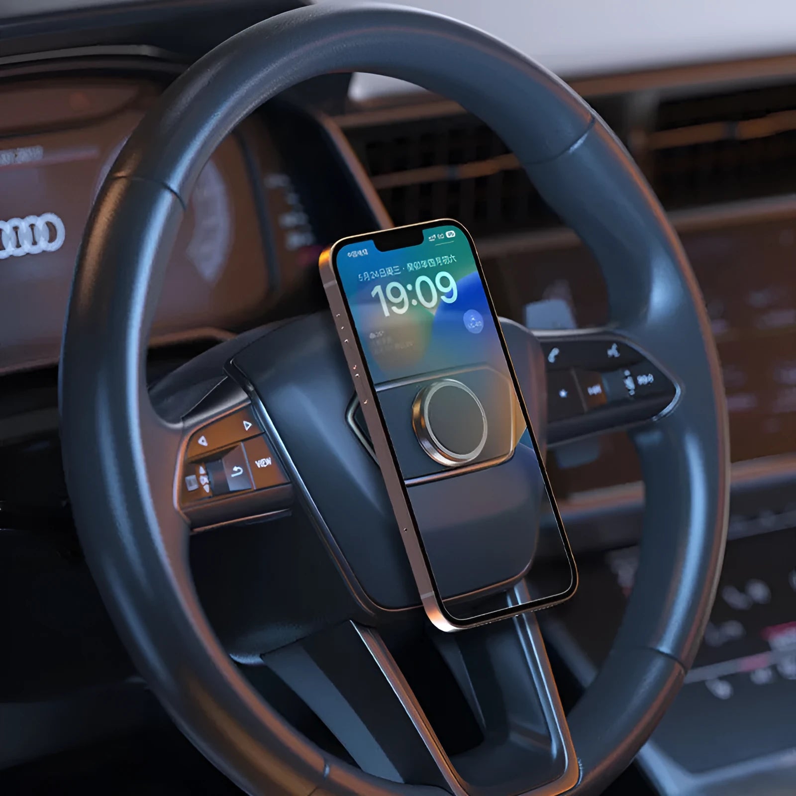 Obsidian black alloy magnetic centripetal force mobile phone holder with 2 magnetic disks.