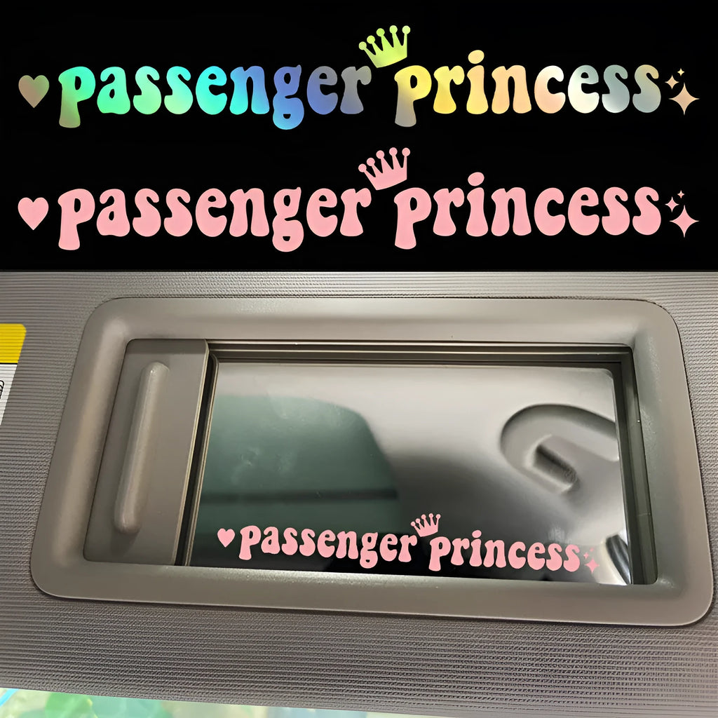 Black Passenger Princess text on a white rectangular car dashboard sticker.