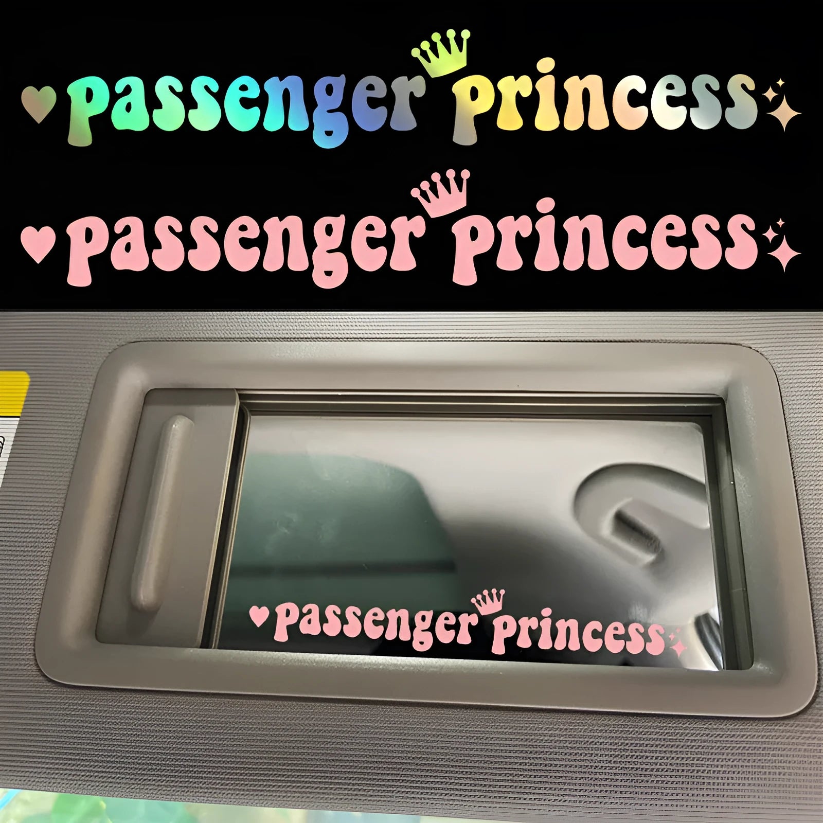 Black Passenger Princess text on a white rectangular car dashboard sticker.