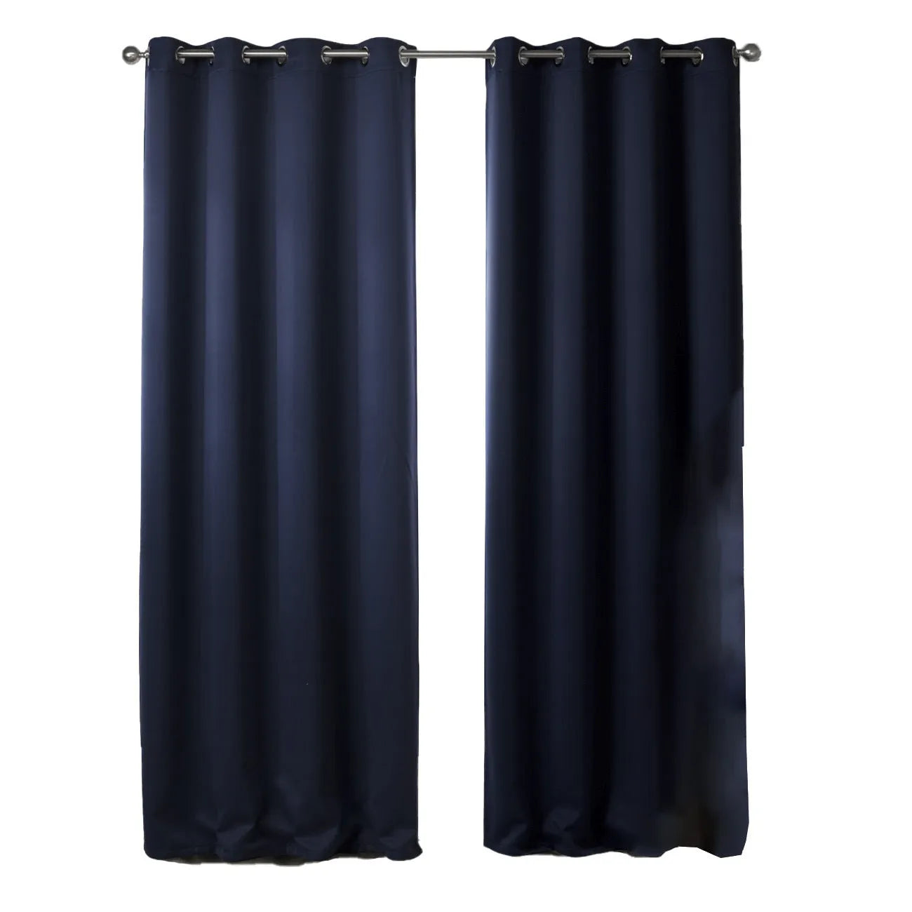 Dark navy blue blackout curtain hanging, showing its modern simple style and light-blocking fabric.